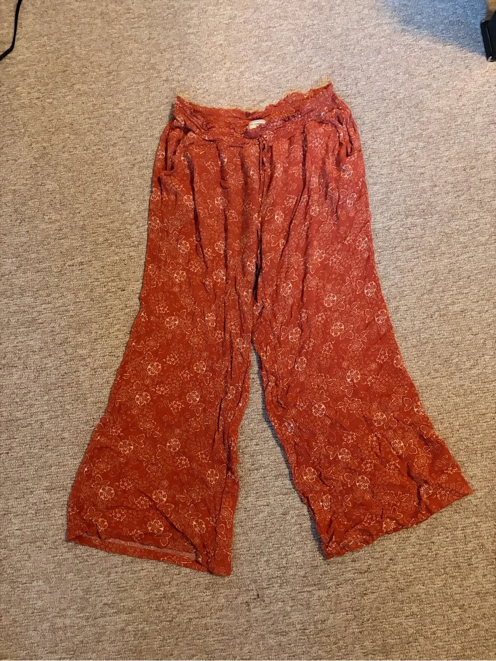 Rust Floral Wide-Leg Lightweight Pants